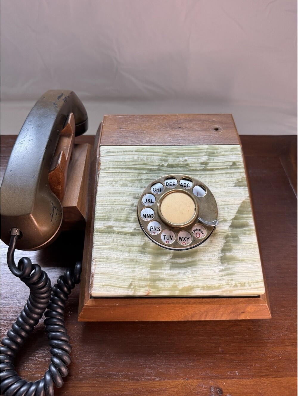 Rotary Dial Desk Telephone Green Onyx Marble & Wood Base w/ Handset and Cord